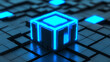 © C Corner - Futuristic Neon Blue Data Cube on Dark Geometric Grid Background Representing Advanced Quantum Computing and Digital Technology