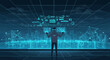© PRISTA - Immersive digital frontier person navigating futuristic cityscape in augmented reality interface