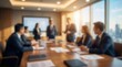 © Rahman - Blurred image of business professionals in a modern corporate meeting room with city views, ideal for abstract backgrounds and conceptual designs