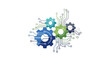 © Rian - Conceptual illustration of interconnected gears and electronic circuit board elements, symbolizing modern technology, engineering processes, digital solutions, and system automation