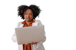 © Komora - Professional black woman using laptop, thinking, having an idea or solving a problem, transparent background