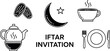 © faij sayed - Iftar invitation design featuring traditional food and drink symbols like dates tea and a full meal setting alongside a crescent moon and star for a festive Islamic celebration graphic