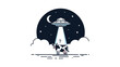 © Fahim - Playful illustration of a UFO's beam abducting a perplexed cow, indicated by a question mark, set against a serene starry night sky with clouds and a crescent moon.