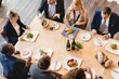 © Rawpixel.com - Business dinner. Group of business pepple dining at a wooden table with diverse dishes and drinks. People enjoying a meal together, sharing food and conversation in a social setting. People at dinner.