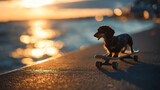 A playful dog rides a skateboard by the water during sunset, capturing the joy of outdoor adventures.