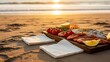 © Video2 - Delicious seafood platter with whole fish and shrimp served on a wooden board on a sandy beach during sunset.