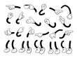 © matahari - Retro cartoon legs, arms gestures and hands poses. Comic funny character foot in shoes walking and hands in glove. Animation mascot body parts vector set