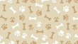 © rochmuch - Minimalist seamless pattern with brown dog paws and bones in earth tone colors. Aesthetic pet footprint vector background for wallpaper