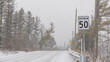 © JuliaDorian - Snowy road scene during a snowstorm with a visible speed limit sign and trees lining the roadside in a winter landscape