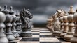 © ittipol - A close-up view of a chessboard with intricately designed pieces, ready for an intense game of strategy under dramatic skies.