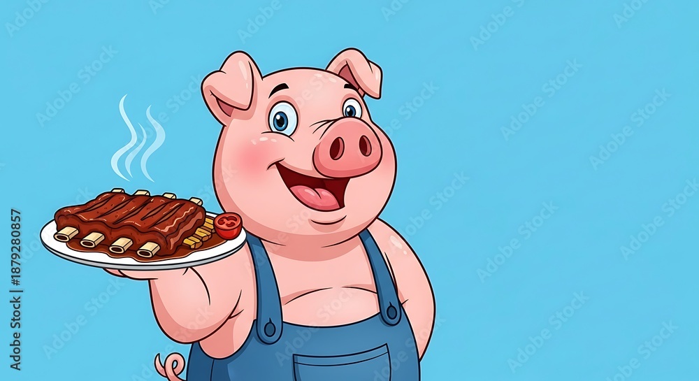 Eating Ribs Cartoom Happy Pig Chef Serving Delicious Ribs - A Cartoon Illustration. Stock ...