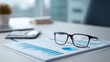 © buraratn - Business table with glasses and financial documents showing graphs and charts in an office environment with calculator and plant in background