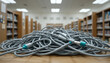 © Ginanjar Taufik - Tangled Network Cables on Desk in a Modern Library Setting