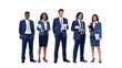 © akmal - A diverse group of five professionals in matching navy blue suits standing confidently with documents.