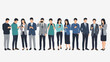 © akmal - A diverse group of men and women in business casual attire are standing in a line, each engrossed in their smartphones.