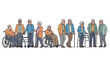 © emiloo - A diverse group of elderly people, some using mobility aids like wheelchairs and walkers, standing together in a line.