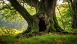 © Prei - Mysterious figure stands within the hollow of an ancient, moss-covered tree in a lush forest.