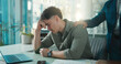 © WesJVR/peopleimages.com - Man, sad and comfort in office, stress and thinking of unemployment, emotional and financial crisis. Employee, unhappy and person with depression for job loss and coworker with empathy for dismissal