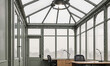 © panophotograph - Conservatory office workspace panoramic view of empty desk chairs inside unique glass roof architecture