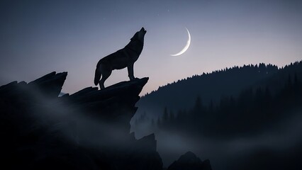  Lone wolf howls at crescent moon in misty mountain landscape
