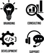 © Vector Creative Art - Four essential business service icons featuring a light bulb for branding, magnifying glass for consulting, gears for development, and headset for support.