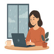 © Sumit - Print  Female Freelancer Working Near Window with Rain Outside Vector Illustrating Calm Focus isolated white background