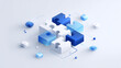 © Broccolini - abstract 3d blue and white jigsaw puzzle pieces for business collaboration, conceptual isometric visualization of strategic integration and problem solving, modern saas landing page asset representing