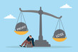 © Sohag sarkar - Vector illustration of a worried businessman sitting under a balance scale weighing profit and loss symbolizing financial stress business risk decision making and economic uncertainty