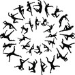 © Shahariar's World - Circular composition of dynamic dance silhouettes forming abstract pattern, energetic male and female performers in jumping and spinning choreography isolated on white background