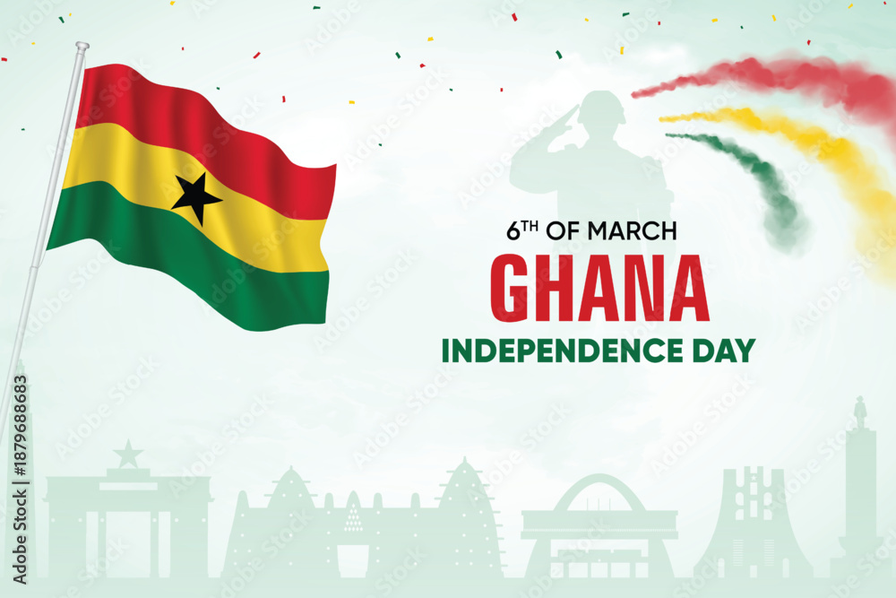 Ghana Independence Day Vector Background Wth Ghana Flag Waving. National Patriotic Poster Design Template With Skyline and Air Show in Background.