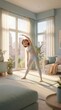 © Gayan B - 3D illustration of woman doing side stretch yoga pose in sunlit modern living room with city view