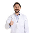 © New Africa - Smiling pharmacist in coat showing thumbs up on white background