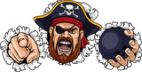 A Pirate man holding Bowling ball and pointing sports team cartoon charcater mascot illustration.