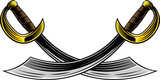 A pair of crossed pirate scimitar cutlass saber swords heraldry design element in a vintage retro woodcut style