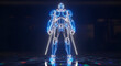 © Fizzah - Futuristic glowing robot warrior with neon blue lights and swords standing in a dark environment with reflections on the floor
