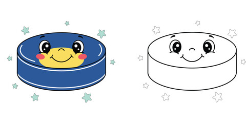  Cartoon Hockey Puck Character with Smiling Face and Stars, Includes Colored and Line Art Outline Versions for Kids Activity and Coloring Page Vector Illustration