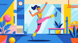 © Rabbul - Flat vector illustration energetic woman doing aerobics exercise gym. Happy female athlete workout high kick. Fitness concept sport training. Active healthy lifestyle cardio wellness