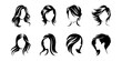 © Creative_Outline2019 - A collection of eight black and white silhouette illustrations showing various women's hairstyles Vector, illustration
