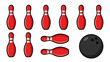 © IsratJahan - Bowling equipment set vector illustration. Sport game red pins and black ball. Recreation leisure activity. Strike spare alley concept. Knolling flat lay style. Isolated on white.