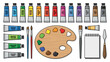 © IsratJahan - Art supplies collection. Wooden palette colorful paint. Acrylic tubes brushes knife sketchbook. Creative painting workshop. Knolling flat lay. Artist equipment. Vector illustration.