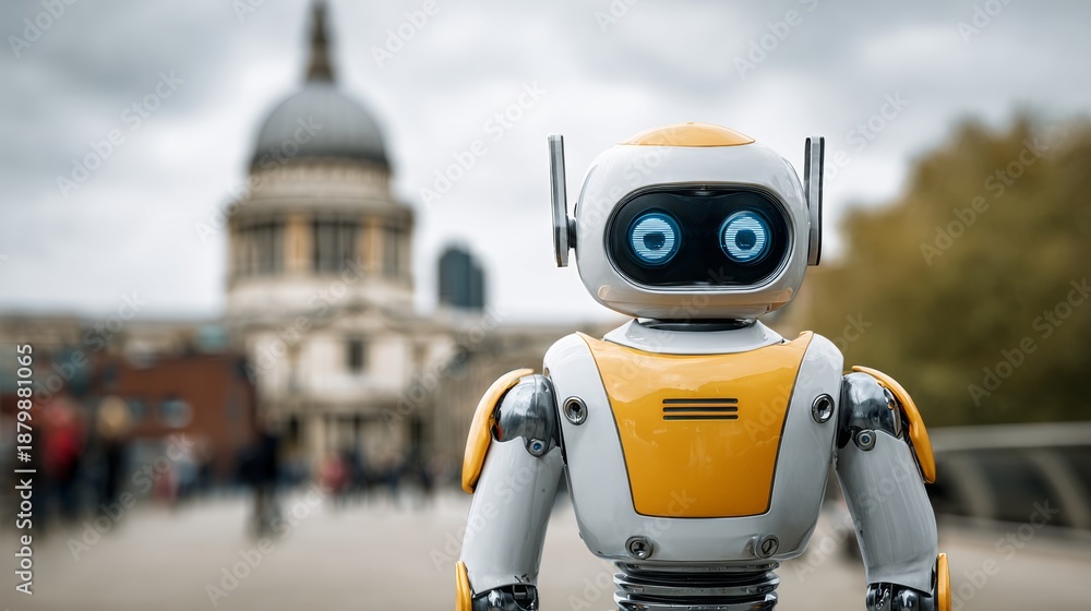 A robot stands in front of a building with a dome on top. The robot is ...