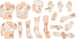 © Sumon Creative - First aid bandaging and injury treatment set showing wrapped body parts, wounds, and medical care procedures in flat vector illustration