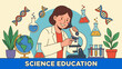 © Yhetz - Science education concept. Female teacher using microscope. Biology class. Flat vector illustration. DNA, flasks, globe. School study. Laboratory experiment. Scientific analysis. Research.
