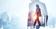 © ImageFlow - Silhouettes of business professionals blended with urban buildings on bright background, symbolizing modern teamwork, ambition, and creative business concept