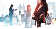 © ImageFlow - Group of business people over city skyline in creative double exposure style on white background, symbolizing teamwork, leadership, and corporate success