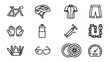 © June - Cycling equipment and bicycle gear line icon set. Minimalist black outline style for sports, fitness, and outdoor activity. Riding accessories and tools collection on white background.