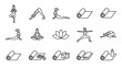 © June - Minimalist yoga poses and mat line icons set. Women practicing yoga postures, meditation, stretching, fitness and wellness exercises. Clean outline vector symbols on white background.