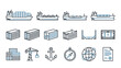 © Emannuel - Freight ship and cargo container line icon set. Minimalistic thin outline vector of shipping, logistics, marine transport, global trade, navigation, and port operations on white background