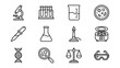 © Emannuel - Laboratory experiment and research line icons set. Science equipment and chemistry tools symbols collection. Microscope, test tube, flask, DNA, magnifier, balance, centrifuge thin outline icons