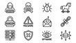 © Emannuel - Cybersecurity threat vector icons set. Hacker, malware, phishing, trojan horse, ransomware, spyware, virus, data breach, broken chain, and network security symbols in minimalist line style.